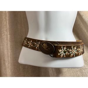 Floral Vintage Painted Leather Belt with Mighty Mouse Belt Buckle M/L